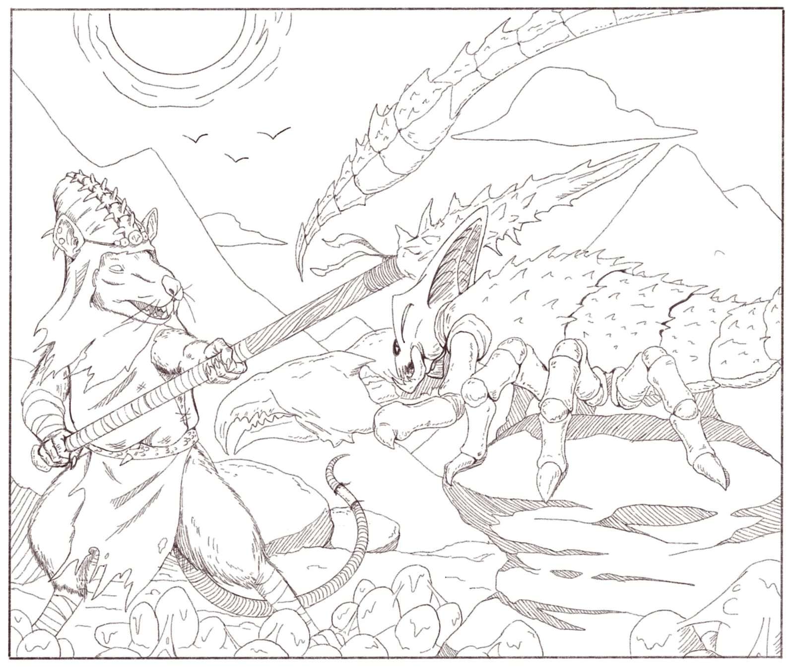 A tari facing off against a mastyrial.