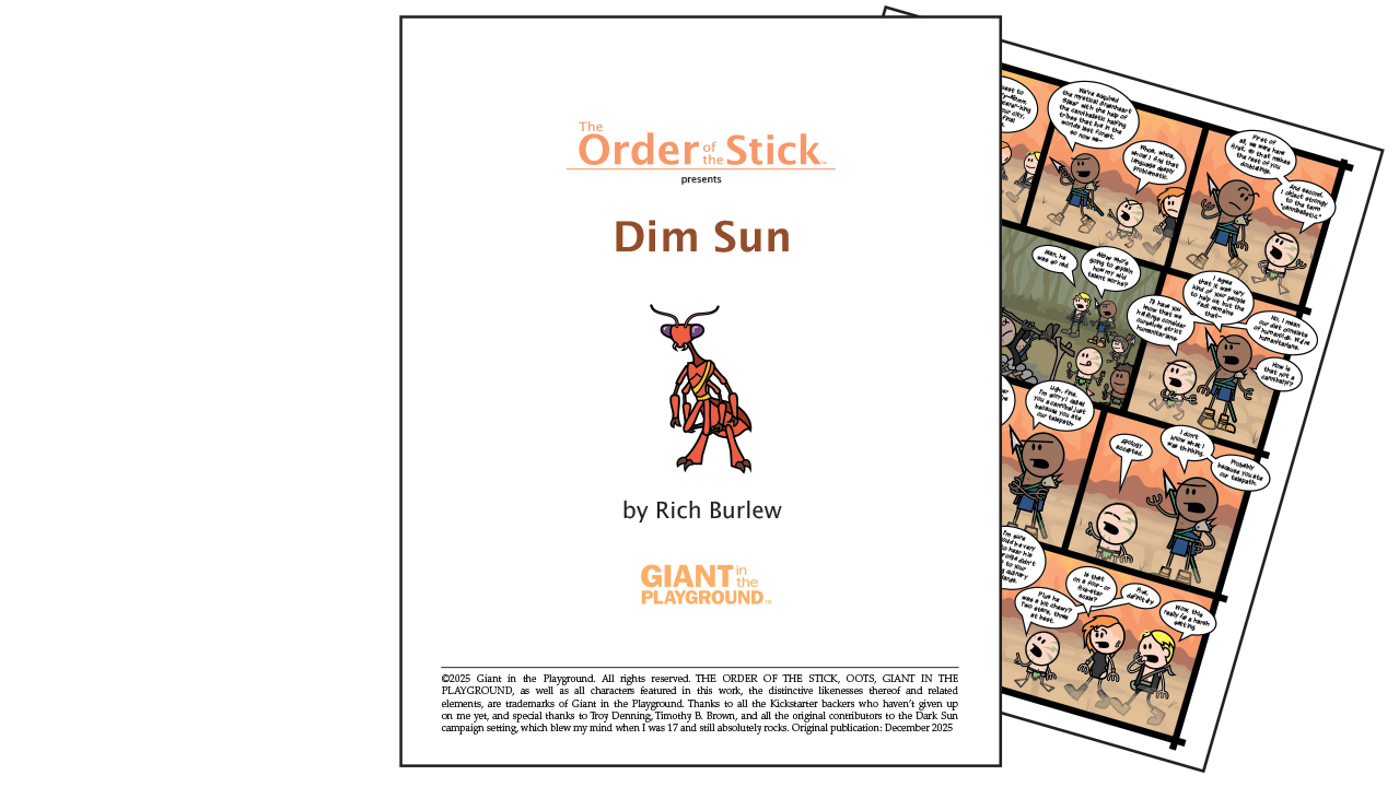 The cover and example page of OOTS: Dim Sun Dark Sun parody